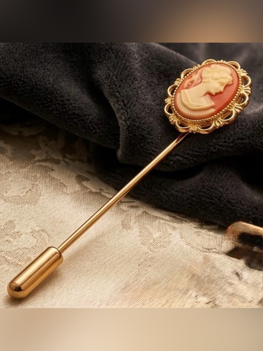 Gold-Tone Cameo Stick Pin Necklace Accent in Coral and Cream